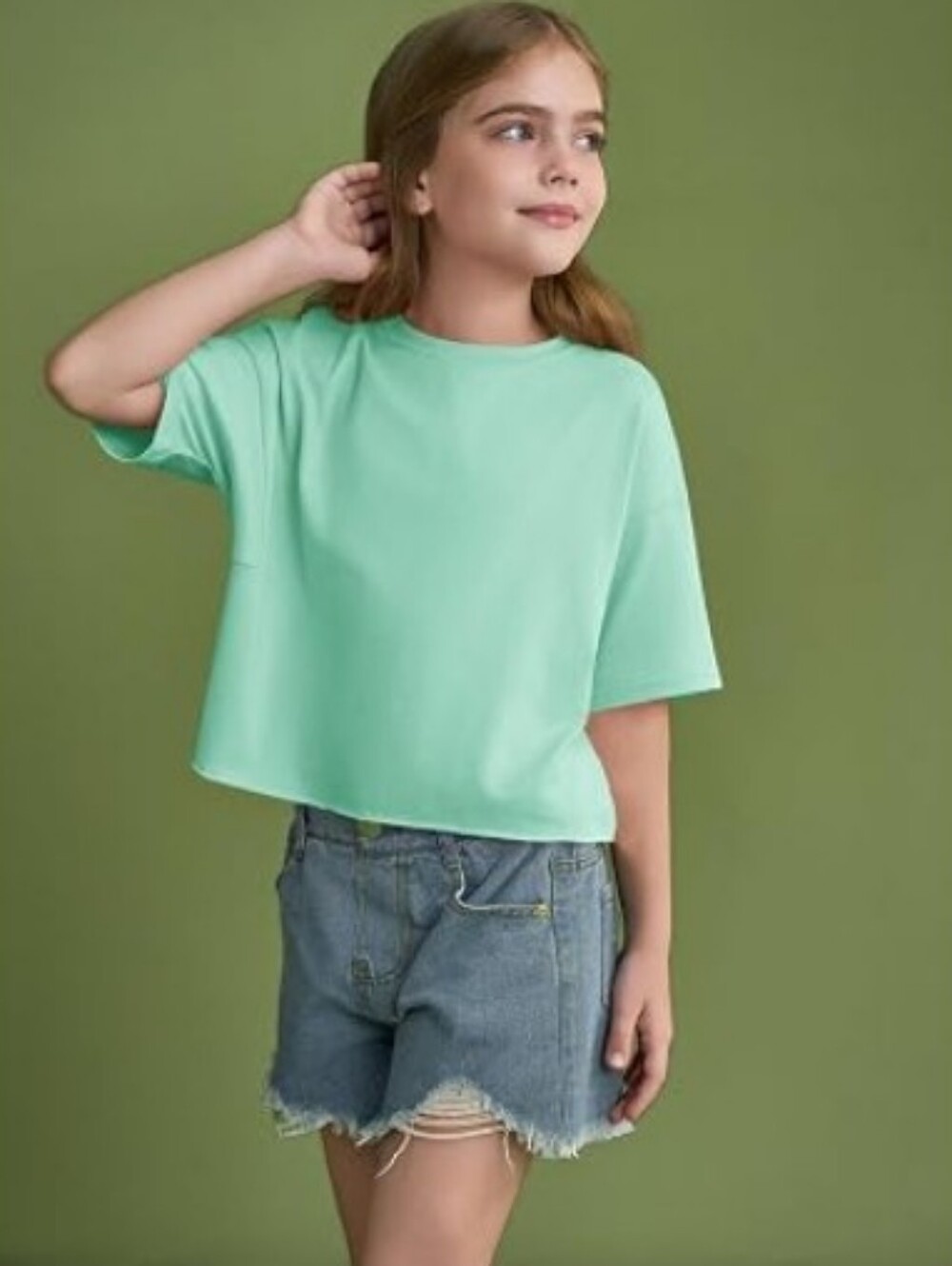Girls Oversized Crop Tops Athletic Short Sleeve T Shirt Green